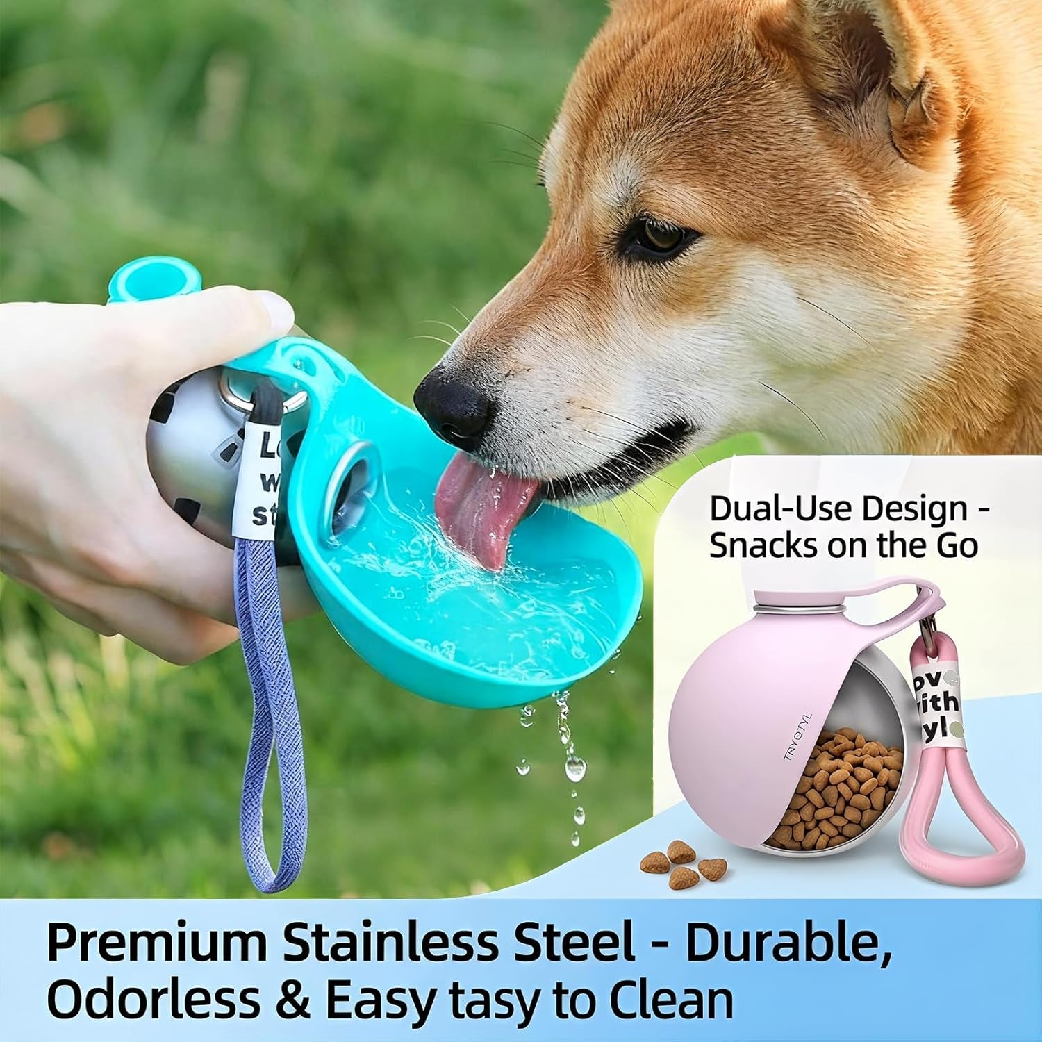 Dog Water Bottle, 10Oz Stainless Steel Portable Dog Water Bottle with Foldable Silicone Bowl, 2-In-1 Portable Dog Water Bowl for Water & Food, Water Dispenser for Dogs Walking (Blue)