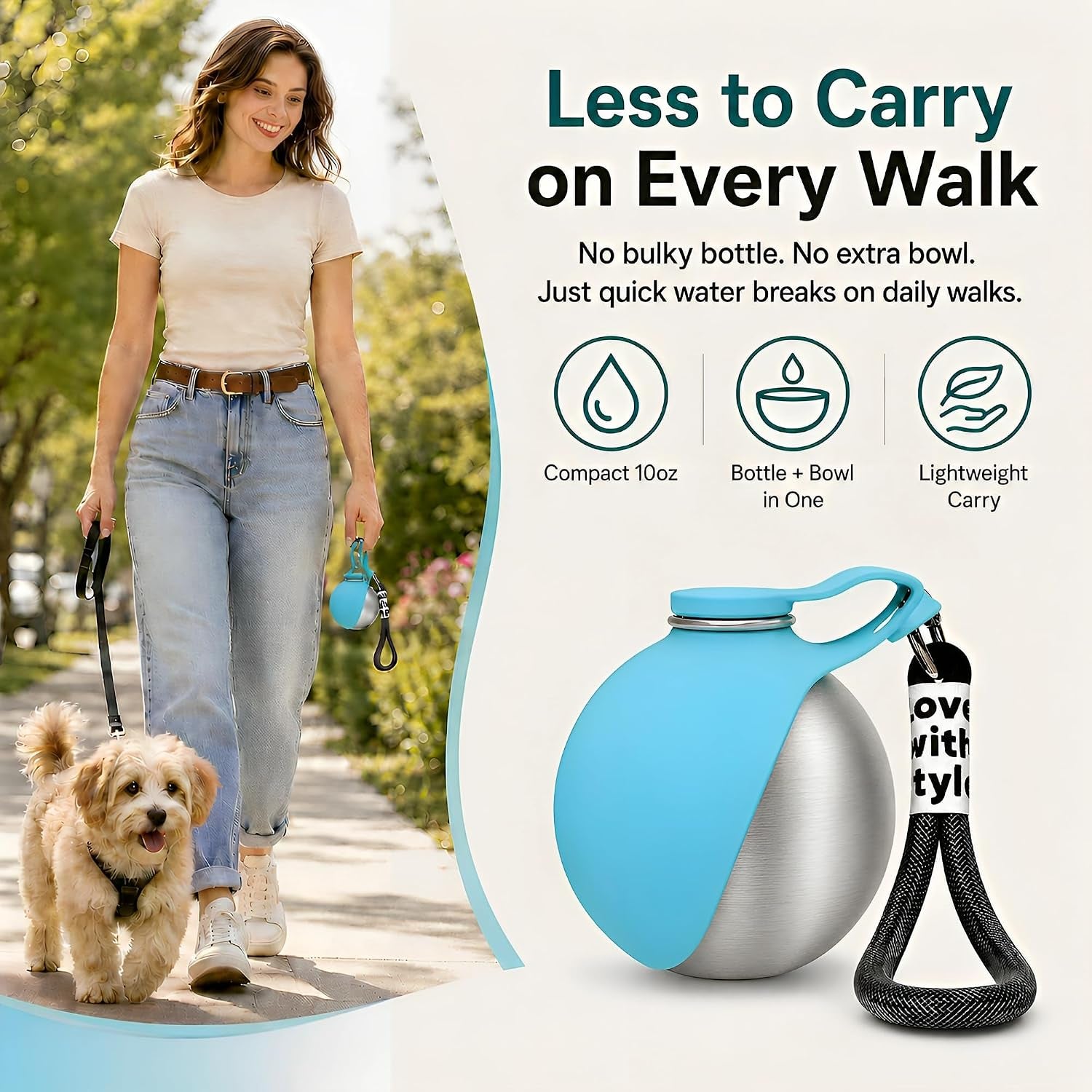 2 in 1 Dog Water Bottle Portable with Bowl, 10Oz Stainless Steel Dog Travel Water Bottle, Leakproof Pet Water Bottle for Dogs, Puppies, Small Dogs & Medium Dogs on Short Walks, Hiking, Travel, Blue