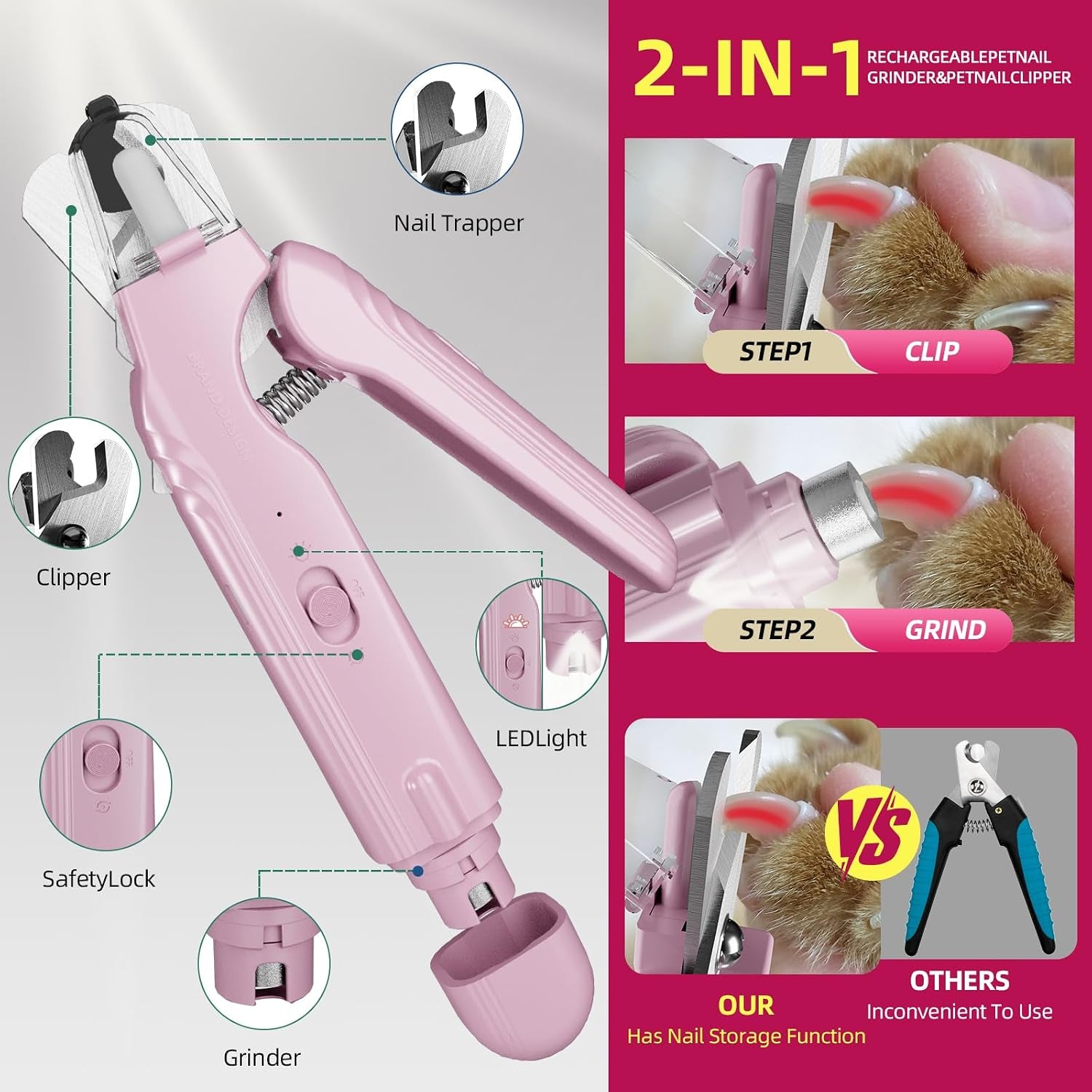 2 in 1 Dog & Cat Pets Nail Clippers and Grinder with Lights - Safety Guard to Avoid Overcutting,Professional Pet Nail Claw Trimmers, Professional Grooming Tools for Pets (Medium & Small Pet) (Pink) | Safety Guard to Avoid Overcutting, Sharp Blade, Painless Quiet Pet Nail Claw Trimmers