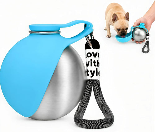 2 in 1 Dog Water Bottle Portable with Bowl, 10Oz Stainless Steel Dog Travel Water Bottle, Leakproof Pet Water Bottle for Dogs, Puppies, Small Dogs & Medium Dogs on Short Walks, Hiking, Travel, Blue