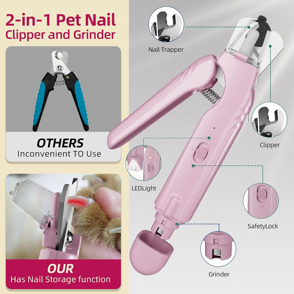 2 in 1 Dog & Cat Pets Nail Clippers and Grinder with Lights - Safety Guard to Avoid Overcutting,Professional Pet Nail Claw Trimmers, Professional Grooming Tools for Pets (Medium & Small Pet) (Pink) | Safety Guard to Avoid Overcutting, Sharp Blade, Painless Quiet Pet Nail Claw Trimmers