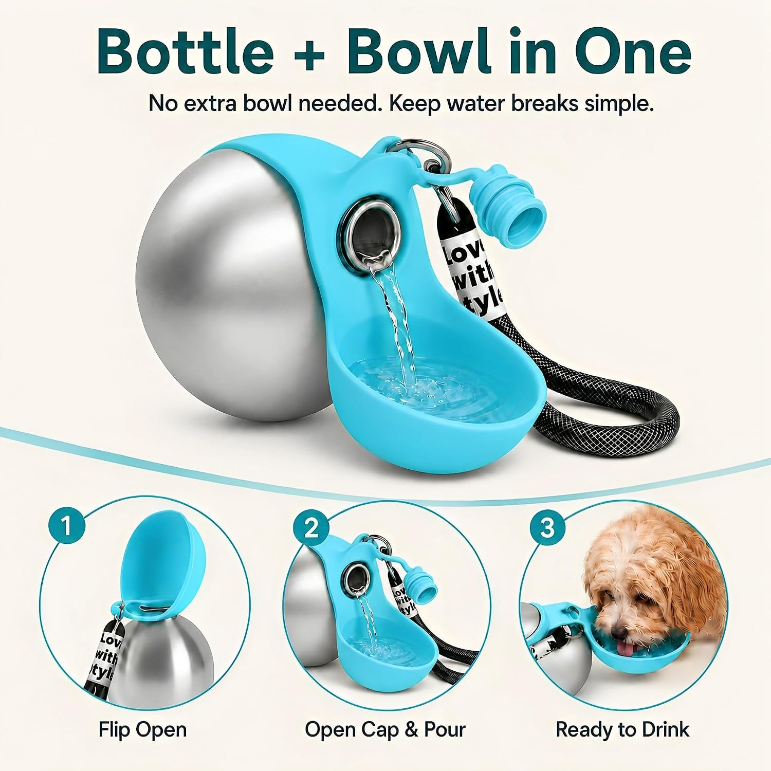 2 in 1 Dog Water Bottle Portable with Bowl, 10Oz Stainless Steel Dog Travel Water Bottle, Leakproof Pet Water Bottle for Dogs, Puppies, Small Dogs & Medium Dogs on Short Walks, Hiking, Travel, Blue