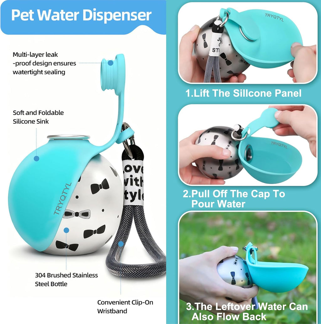Dog Water Bottle, 10Oz Stainless Steel Portable Dog Water Bottle with Foldable Silicone Bowl, 2-In-1 Portable Dog Water Bowl for Water & Food, Water Dispenser for Dogs Walking (Blue)
