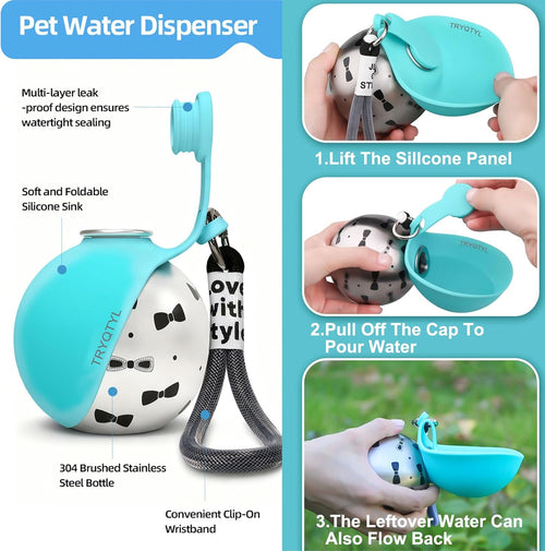Dog Water Bottle, 10Oz Stainless Steel Portable Dog Water Bottle with Foldable Silicone Bowl, 2-In-1 Portable Dog Water Bowl for Water & Food, Water Dispenser for Dogs Walking (Blue)